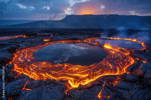 A mesmerizing lava lake glowing within Erta Ale volcano, illuminating the Danakil depression. photo