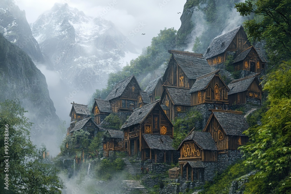 Foggy Mountain Village with Wooden Houses Foggy Mountain Village with Wooden Houses