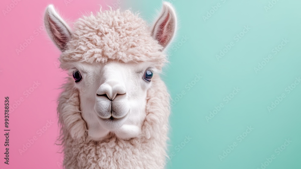 A close-up image of an adorable, fluffy alpaca with a cream-colored wool coat, set against a split pink and green pastel background, emanating a playful and serene vibe. A close-up image of an adorable, fluffy alpaca with a cream-colored wool coat, set against a split pink and green pastel background, emanating a playful and serene vibe.