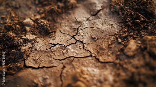 Closeup photograph of rich dark clay soil showcasing its dense texture and moisture content with small cracks forming on the surface under soft natural light