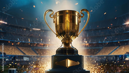 trophy in the center of a stadium, moment of winning the match, moment after winning, 1st position, cricket ground, stadium in night