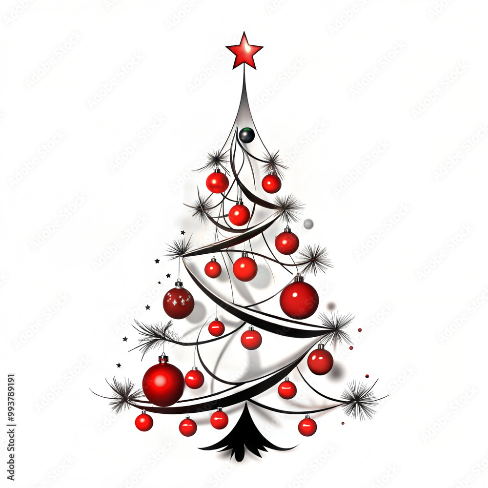 Sleek and stylized Christmas tree adorned with red ornaments and a star, featuring a modern design on a white background.