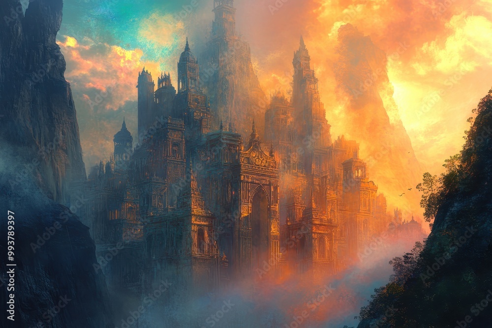 Ancient Stone Citadel in a Misty, Sun-Kissed Landscape Ancient Stone Citadel in a Misty, Sun-Kissed Landscape