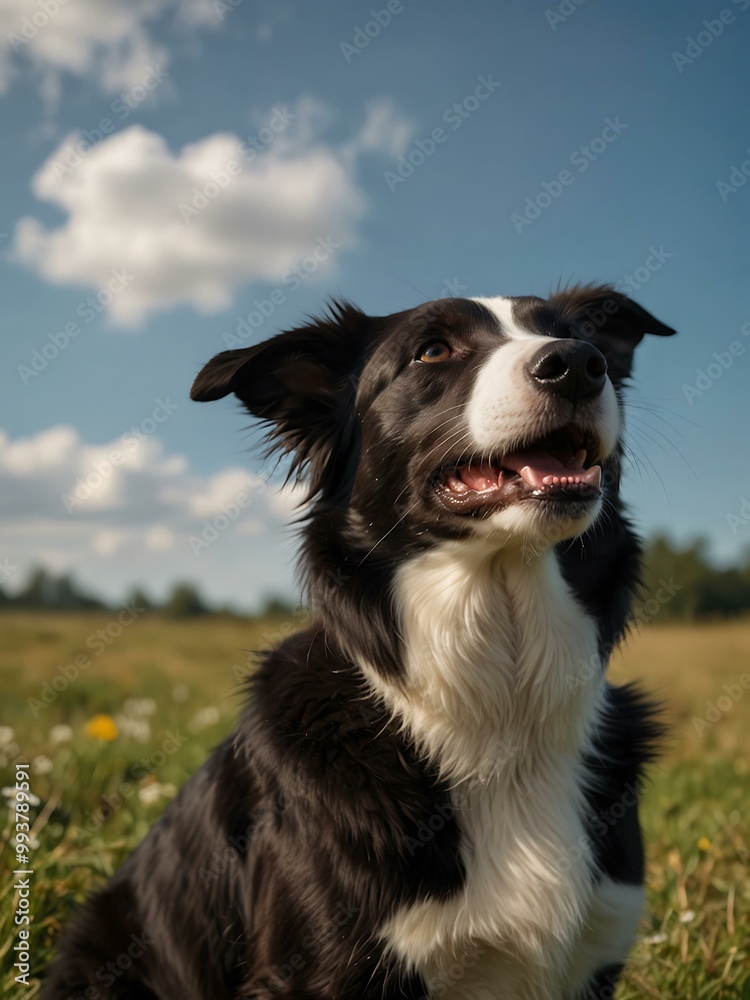 Border Collie looking up at the clear blue sky, curious and attentive. Border Collie looking up at the clear blue sky, curious and attentive.