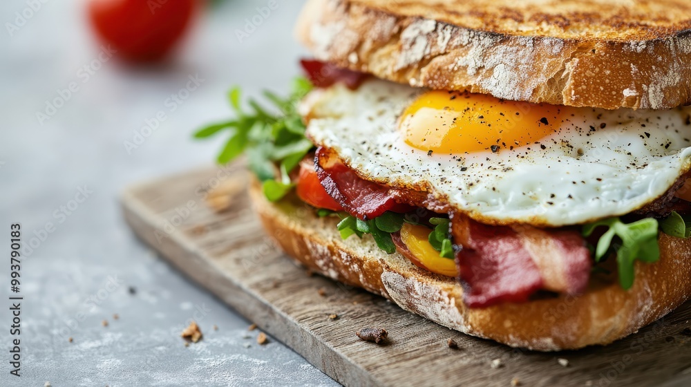 A mouth-watering breakfast sandwich features a perfectly fried egg, crispy bacon, fresh greens, and toasted bread, all stacked together for a tasty morning delight. A mouth-watering breakfast sandwich features a perfectly fried egg, crispy bacon, fresh greens, and toasted bread, all stacked together for a tasty morning delight.