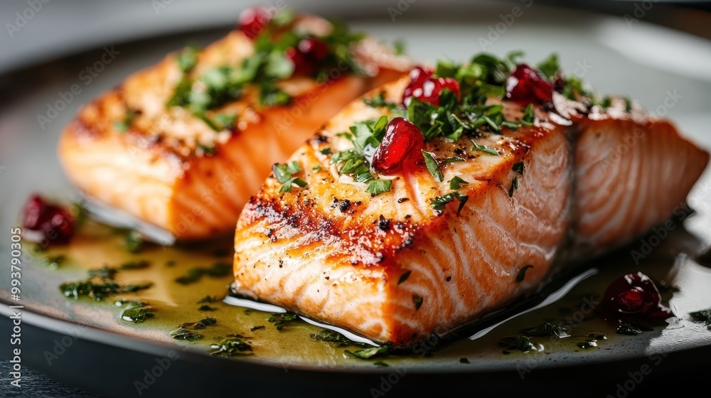 Two pieces of grilled salmon filets topped with fresh herbs and tangy cranberries, beautifully arranged on a plate. The perfectly seared exterior complements the mouth-watering interior. Two pieces of grilled salmon filets topped with fresh herbs and tangy cranberries, beautifully arranged on a plate. The perfectly seared exterior complements the mouth-watering interior.