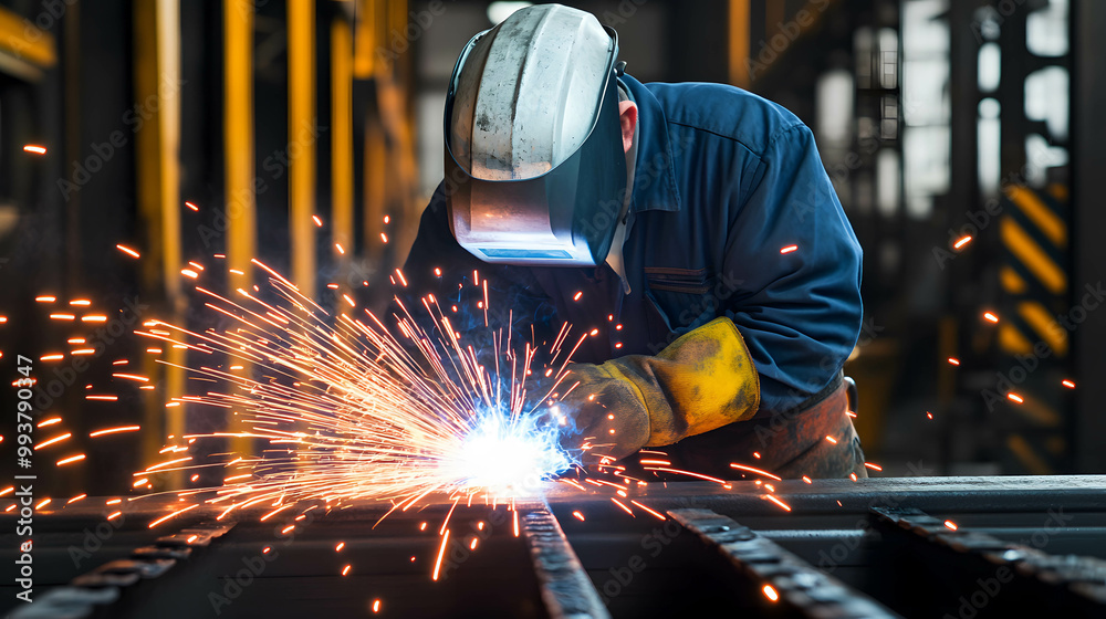 A steelworker welding metal parts with sparks around. Worker working in a steel factory. A steelworker welding metal parts with sparks around. Worker working in a steel factory.