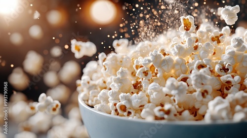 A dynamic and visually appealing image of a bowl of popcorn with corn kernels captured in mid-air against a lightly blurred background, emphasizing motion and freshness.