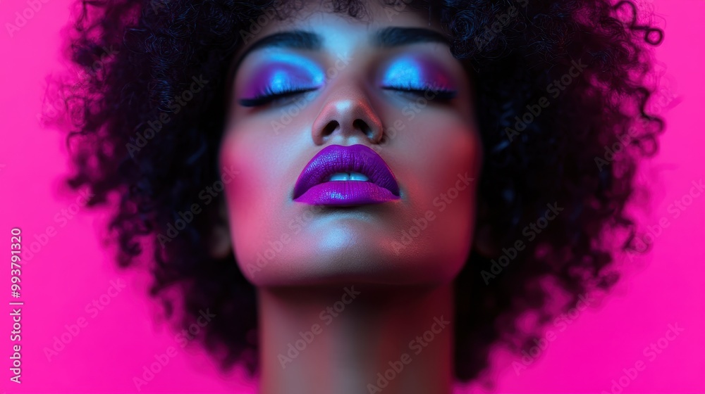 A striking portrait of a woman with bold, vibrant makeup stands against a neon pink background, showcasing a confident and fashionable style statement. A striking portrait of a woman with bold, vibrant makeup stands against a neon pink background, showcasing a confident and fashionable style statement.