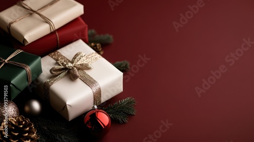 A collection of beautifully wrapped gift boxes with elegant ribbons, resting on a red background with pine branches and ornaments, perfect for the holiday season.