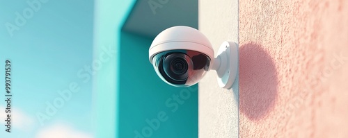 Surveillance camera, modern design, wall mounted, isolated shot photo