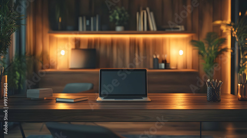 Laptop on Wooden Desk with Warm Lights - Interior Design Illustration