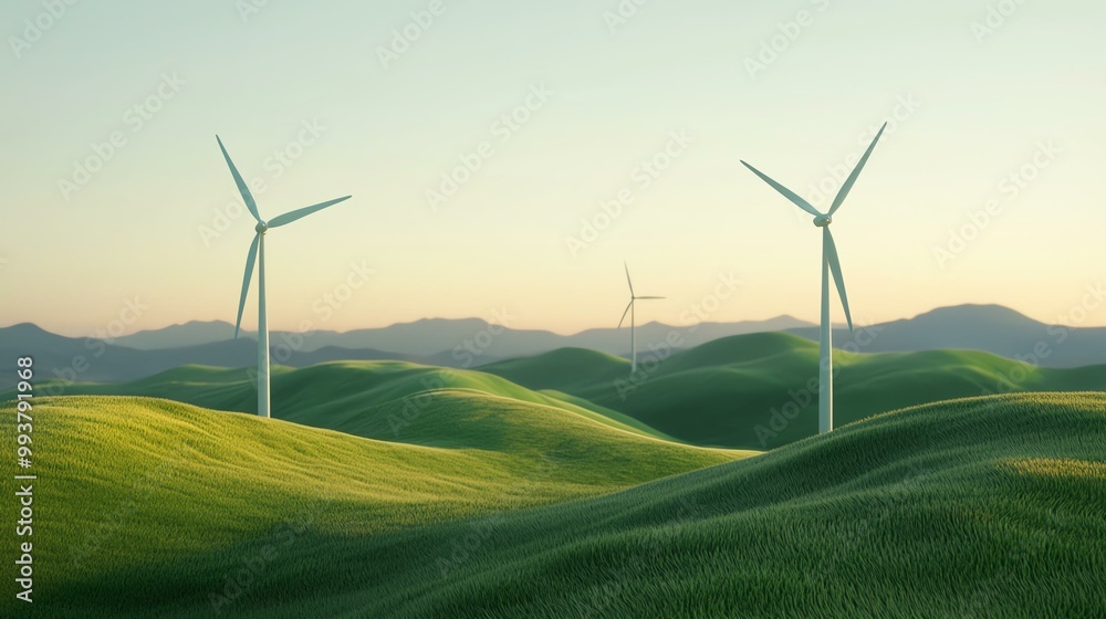 Fototapeta premium Wind turbines on rolling hills during sunrise, green landscape