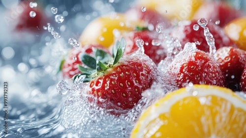 A close-up of strawberries and orange slices making a splash in clear water. This high-energy image emphasizes freshness, vitality, and the vibrant colors of healthy fruits.