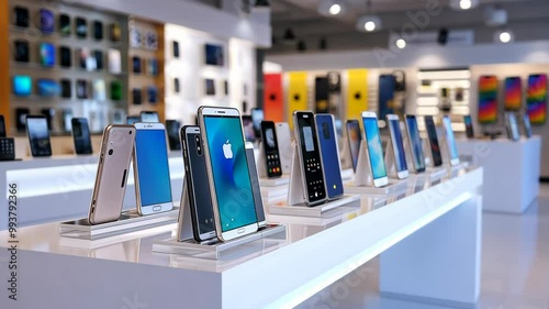 A row of smartphones is displayed on a white table in an electronics store