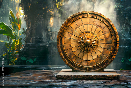 Wheel of fortune, golden shield, ancient antique round artifact, solar clock