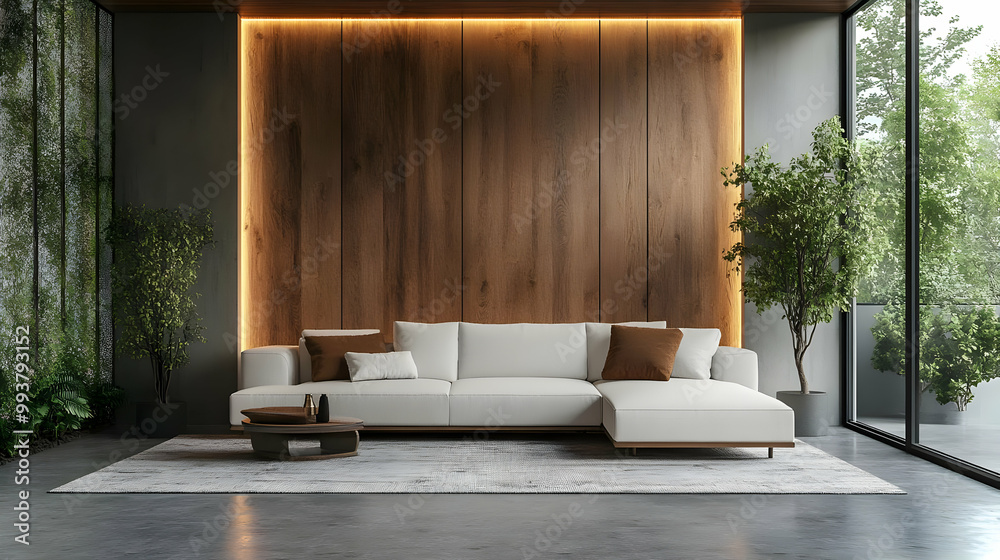 Modern Living Room with White Sectional Sofa and Wood Wall Modern Living Room with White Sectional Sofa and Wood Wall