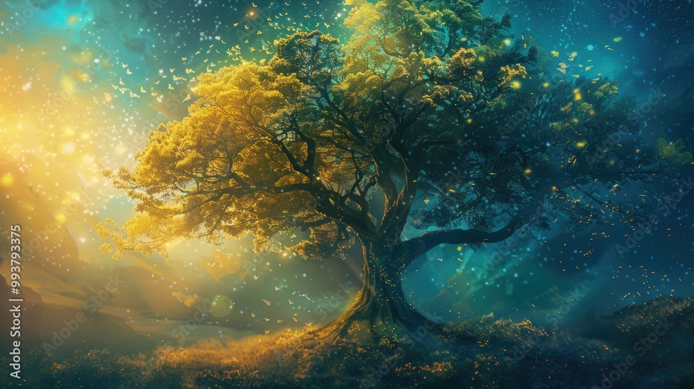 Obraz premium dream with large, magical tree with vibrant autumn leaves in a glowing forest.