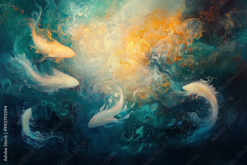Abstract Painting of Four White Fish Swimming in Swirling Water Abstract Painting of Four White Fish Swimming in Swirling Water