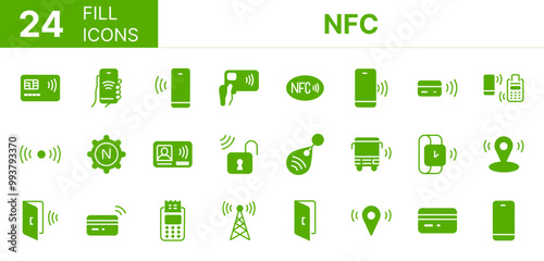 Collection of 24 NFC fill icons featuring editable strokes. These outline icons depict various modes of NFC, cards, phones, payments, POS, credit,