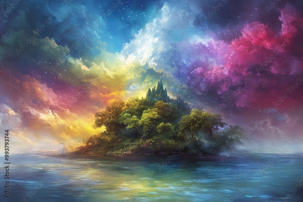 A Small Island in a Dreamlike Landscape with Colorful Clouds A Small Island in a Dreamlike Landscape with Colorful Clouds