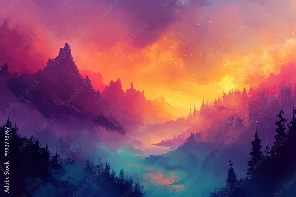 A Serene Mountain Landscape Under a Vibrant Sunset Sky A Serene Mountain Landscape Under a Vibrant Sunset Sky
