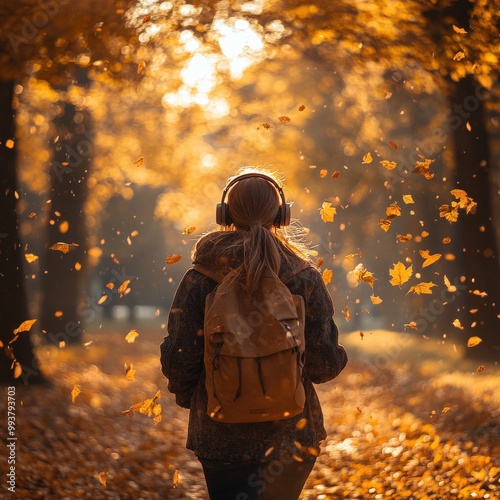 Woman walking through golden autumn forest with headphones and falling leaves