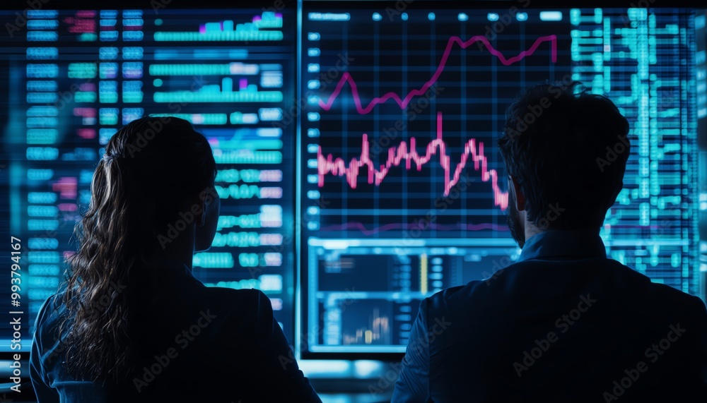 Two professionals analyzing financial charts on large screens in a dark monitor room. Two professionals analyzing financial charts on large screens in a dark monitor room.