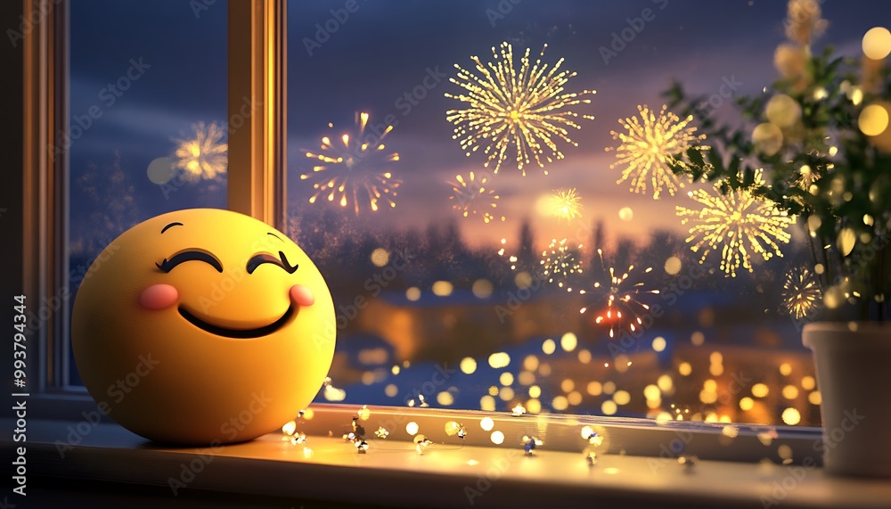 Fototapeta premium Happy Emoji by the Window with Fireworks Display