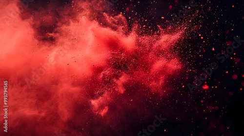 Captivating close up photograph showcasing an explosion of vibrant red powder bursting into the air with particles scattering in all directions against a dark background