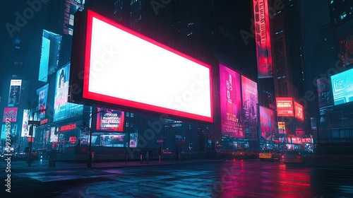 A large, empty billboard glowing in the night amidst Times Square vibrant lights and colorful digital advertisements, set against the backdrop of iconic New York architecture.