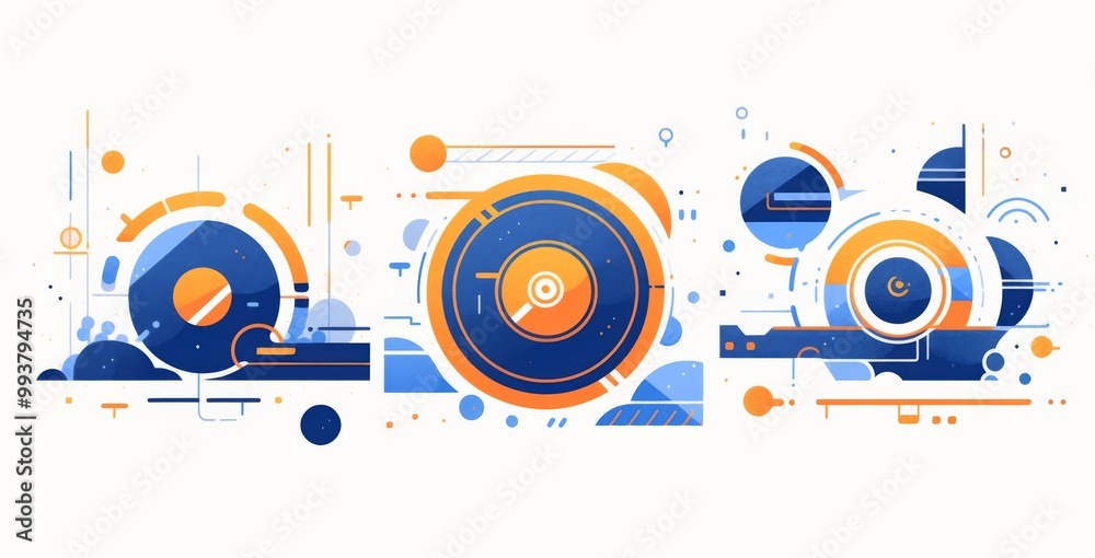 Obraz premium Trio of framed art prints featuring abstract designs with blue and yellow shapes, orange circles, and geometric lines on a white background