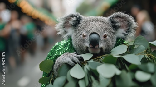 A koala dressed in a green glitter sweater, holding eucalyptus leaves, in an outdoor environment with a blurred background of people and lights. Fun and festive scene. photo