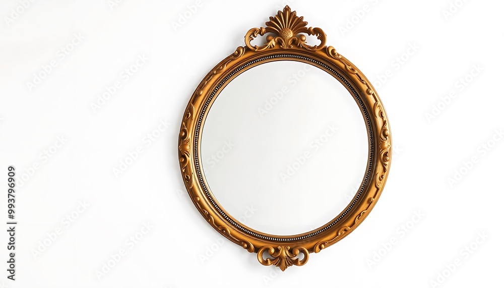 On a white background a classic, ornate, round mirror with a gold frame.
On a white background a classic, ornate, round mirror with a gold frame.