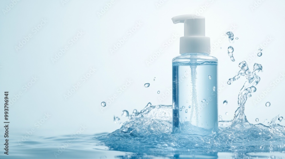 A bottle of face wash sits in water, with a light blue background. There's room to add text.
