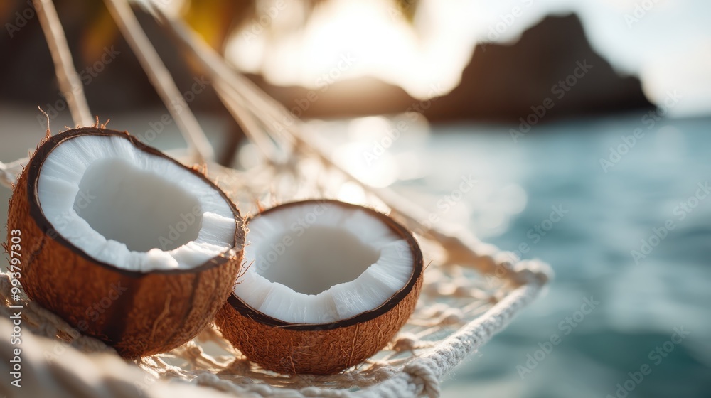 This image features two coconut halves lying in a hammock with a serene beach and sunset in the background, symbolizing leisure, tropical vacations, and natural beauty. This image features two coconut halves lying in a hammock with a serene beach and sunset in the background, symbolizing leisure, tropical vacations, and natural beauty.