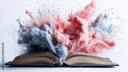 An open book with soft, smoke-like bursts of red and gray emanating from its pages, symbolizing the blend of mystery, knowledge, and creative imagination. photo