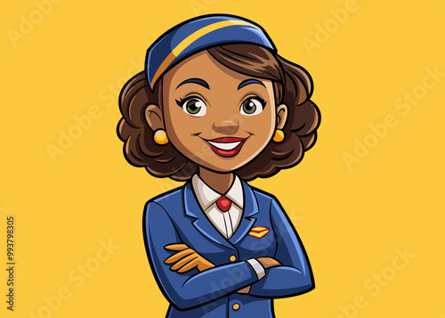 flight attendant woman with smile and folded arms cartoon vector illustration, yellow background, air hostess