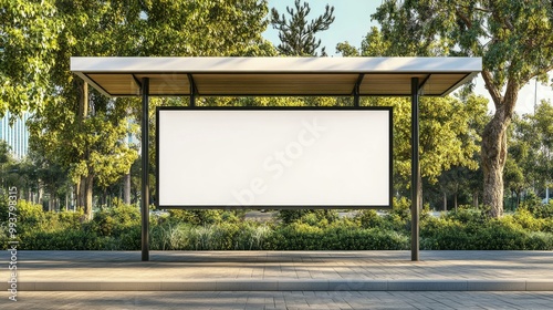 A white blank advertising billboard on a bus shelter, with green park scenery in the background, providing a calm, outdoor space for marketing mockups or promotional designs.