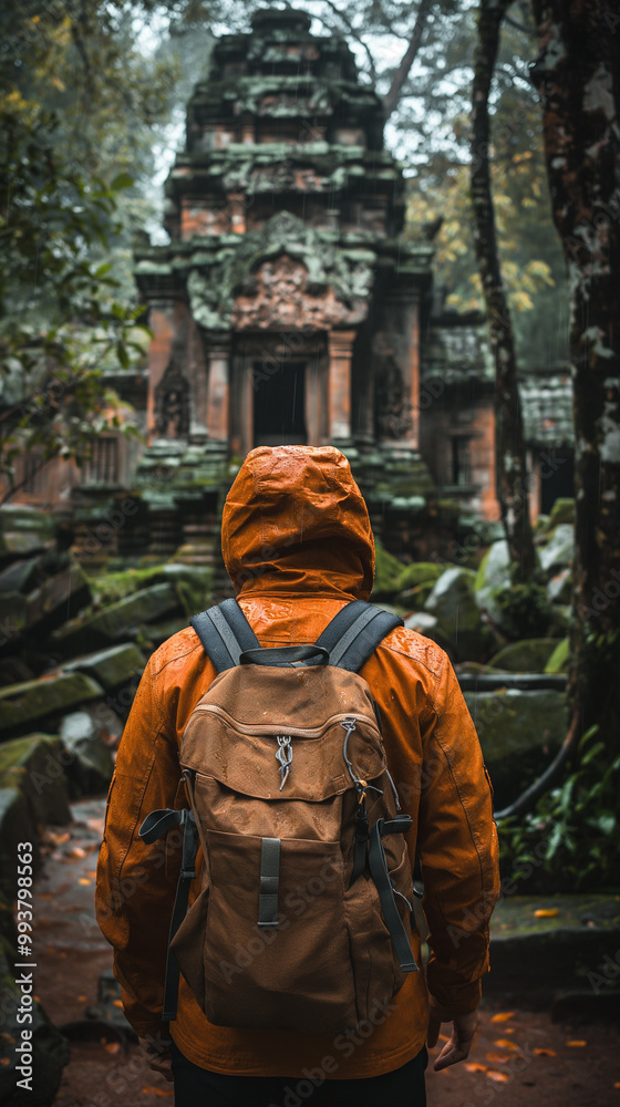 Traveler exploring ancient temple ruins in the jungle Traveler exploring ancient temple ruins in the jungle