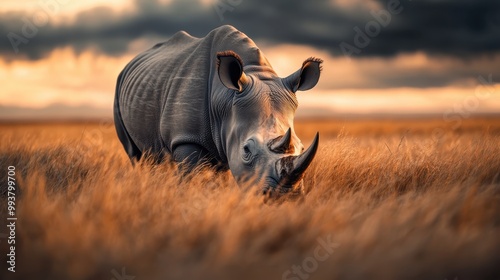A serene rhinoceros is seen in the grassland, framed by a dramatic sky backdrop, highlighting the beauty of wildlife amidst a striking natural setting during twilight.