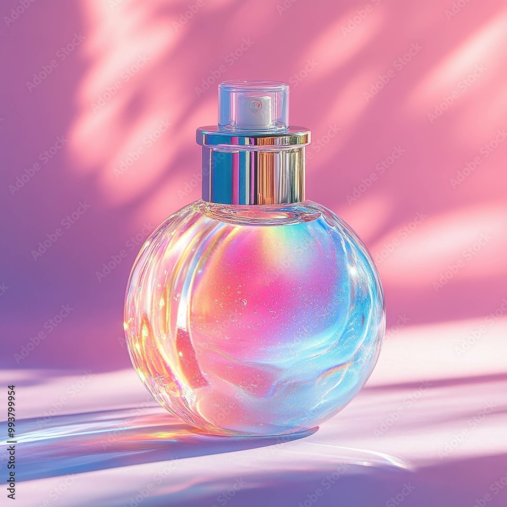 A captivating perfume bottle with an iridescent finish, reflecting soft pastel colors in a beautifully lit setting. A captivating perfume bottle with an iridescent finish, reflecting soft pastel colors in a beautifully lit setting.