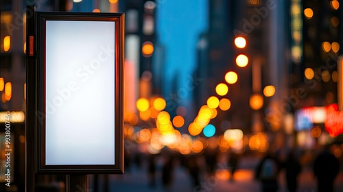 A white vertical billboard on a bus stop sign at night, set against a blurred urban backdrop of city skyscrapers and pedestrians. The illuminated scene is perfect for creative advertisements.