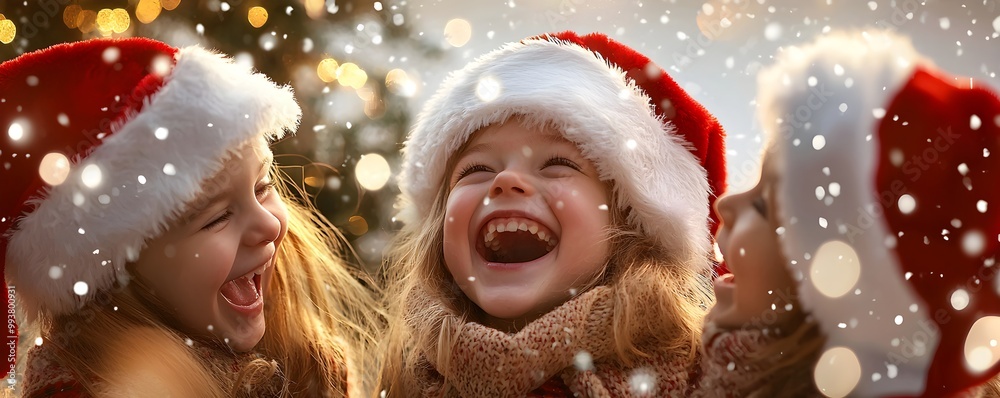 Festive kids in Santa hats with gifts, laughing together by a Christmas tree, warm and joyful holiday celebration Festive kids in Santa hats with gifts, laughing together by a Christmas tree, warm and joyful holiday celebration