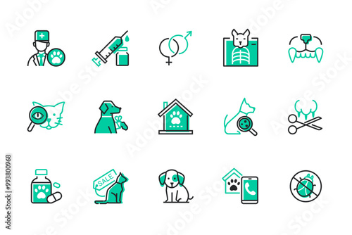 Veterinary and animal care - set of line design style icons isolated on white background. High quality images of doctor, vaccination, x-ray, parasite treatment, paw fracture, fleas, nail trimming