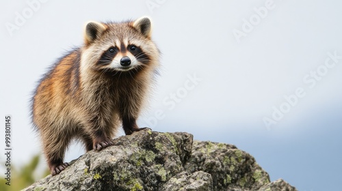 A Japanese raccoon dog standing on a rock, leaving space for copy text in the sky. photo