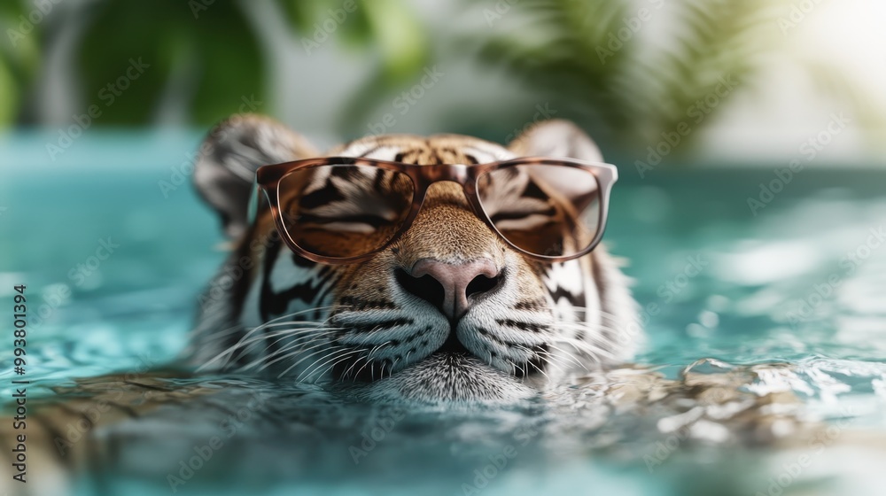© Shomixer - A tiger looking cool and relaxed while swimming in the water with sunglasses on, creating a fun and engaging scene that exudes confidence and carefree vibes. © Shomixer - A tiger looking cool and relaxed while swimming in the water with sunglasses on, creating a fun and engaging scene that exudes confidence and carefree vibes.