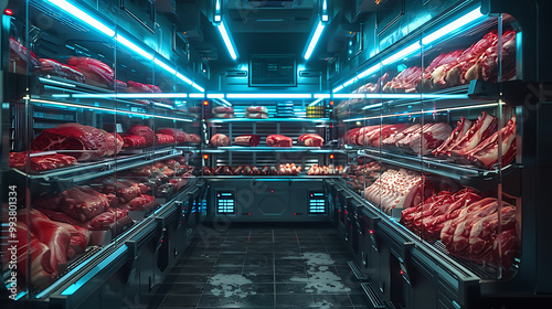 Meat aisle with various cuts displayed in a refrigerated grocery section. close-up of a meat fridge in a grocery store filled with various cuts of fresh meat various cuts of beef, pork and other meats