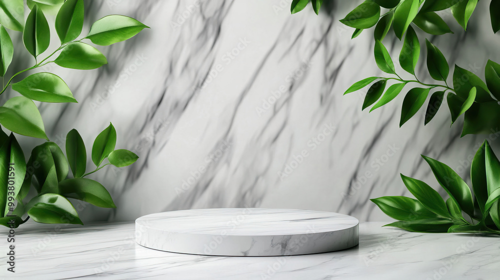 Elegant marble surface surrounded by lush green leaves, perfect for showcasing products or creating calming aesthetics.