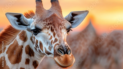 A graceful giraffe stands out against a stunning sunset backdrop, capturing the majestic beauty of the wildlife in a moment of tranquility and peace in nature. photo